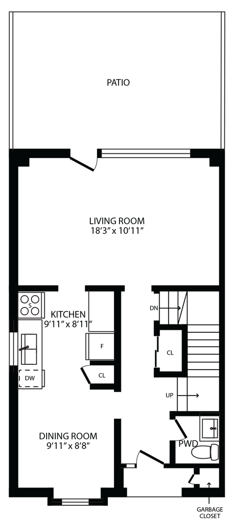 2d floorplan of the ground floor of a 3 bedroom, 2 bathroom town home